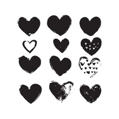 black silhouette Vector hand-drawn childlike doodle heart icon set. Black stroke on white background.