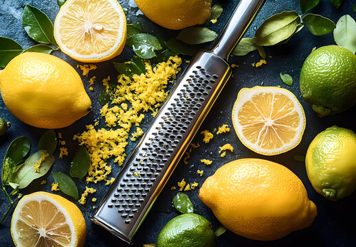 lemon and zester on black stone background
