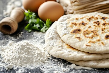 Tasty pita bread with flour and eggs on wooden table, closeup