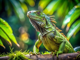 Obraz premium Relaxed Iguana Practicing Yoga Pose, Green Reptile in Nature, Copy Space