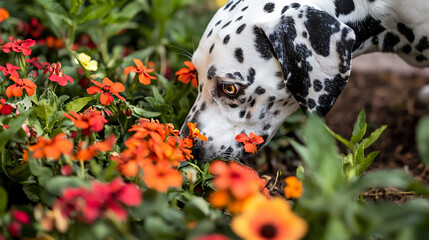 Obraz premium dalmatian sniffing flower bed