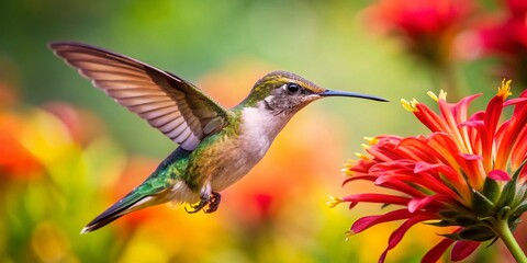Fototapeta premium Juvenile Ruby-throated Hummingbird in Flight, Ontario, Canada - Candid Nature Photography