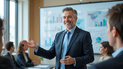 AI - A mature professional man in a suit giving a presentation in a bright