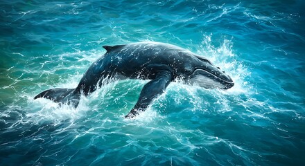 Fototapeta premium Majestic powerful enormous humpback whale splashing in vibrant turquoise blue ocean with dynamic white splashes, concept for environmental conservation, marine life education and travel adventure