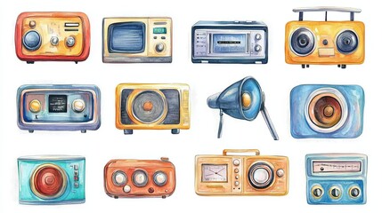 Vintage radio collection isolated watercolor style