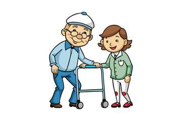 An elderly man using a walker, assisted by a nurse cartoon vector art illustration.eps