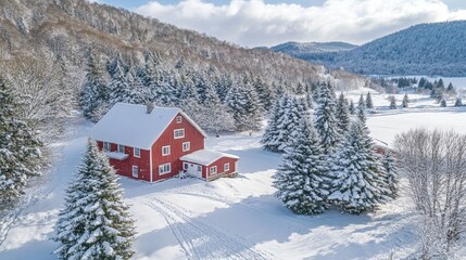 Naklejka premium Christmas tree farm in snowy rural landscape