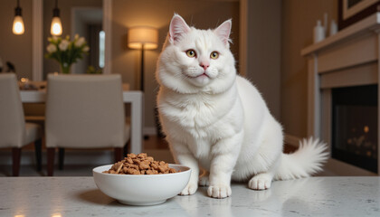 Elegant white Persian cat standing by a bowl of gourmet cat food in a stylish dining area