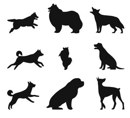 Set of dog silhouettes. Black decorative icons. Running dachshund, labrador and sitting bulldog. Cute domestic animals. Doodle sketch art. Funny active pets. Veterinary logo. Vector set