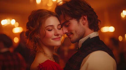 Couples performing a traditional Scottish reel dance at a Burns Night ceilidh with lively music, 8K high quality realistic,