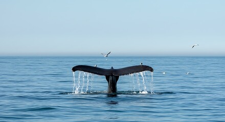 Fototapeta premium Majestic humpback whale tail fluke in the vast blue ocean. Beautiful wildlife.