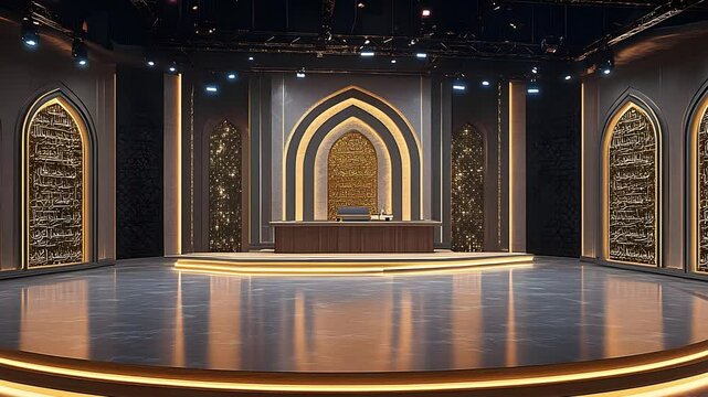 studio with a modern podium, surrounded by arched LED panels displaying Quranic verses in gold