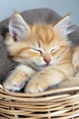 A fluffy kitten curled up in a wicker basket, sleeping peacefully in soft morning light