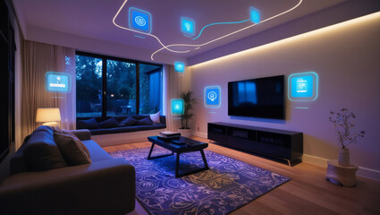 Modern Living Room with Innovative Smart Home Technology Integration