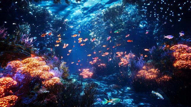 Vibrant coral reef teeming with colorful fish. A mesmerizing underwater scene with glowing coral and sparkling particles. Ideal for documentaries, nature programs, and aquarium displays.