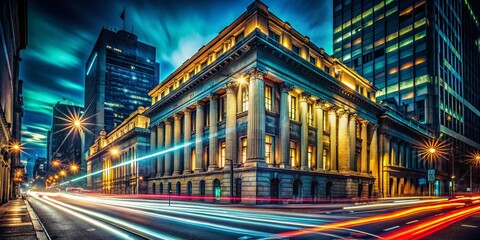 Fototapeta premium Long Exposure Photography: Historic Stone Bank Building at Night