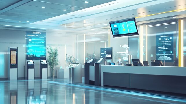 Futuristic bank lobby; digital displays, self-service kiosks; sleek design; modern financial technology