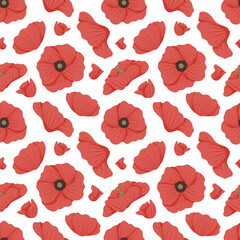 Seamless poppy pattern with big red flowers. Hand drawn botanical illustration for print, fabric, textile, wallpaper, home decor, packaging design
