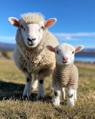 Fototapeta premium A fluffy lamb standing next to its mother in a green pasture under a clear blue sky