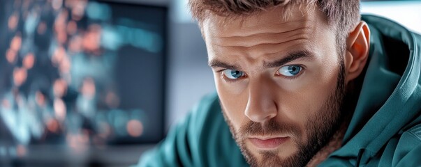 A cybersecurity expert vigilantly monitors digital threats on an advanced holographic interface, demonstrating a secure browsing environment He analyzes complex data streams using cutting-edge