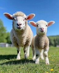 Fototapeta premium A fluffy lamb standing next to its mother in a green pasture under a clear blue sky