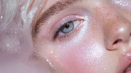 A woman with blue eyes and blonde hair is wearing glittery makeup