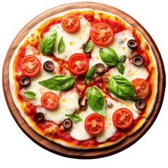 Fresh Italian pizza topped with mozzarella, tomatoes, and basil on wooden board