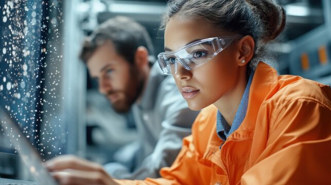 Enhance your organization's security through rigorous corporate firewall compliance, as dedicated employees work diligently on secure servers, ensuring data integrity Abstract glowing icons overlay