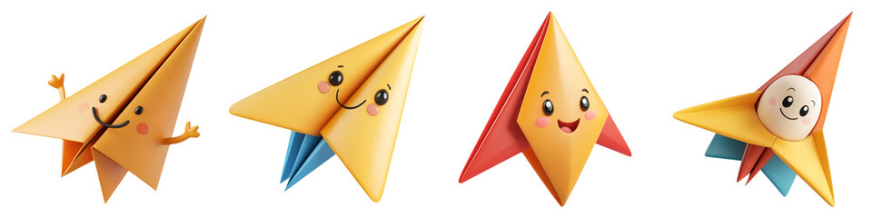 cute cartoon and clipart concept. Colorful origami characters displaying playful expressions on a white background.