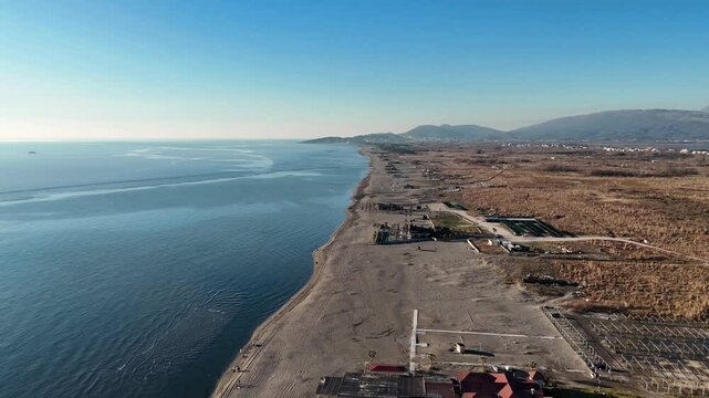 Drone footage of the Long Beach (Velika Plaza), on a sunny day in Ulcinj, Montenegro