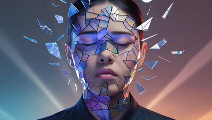 Fragmentad@: Retrato surrealista de una mujer con rostro de cristal roto.