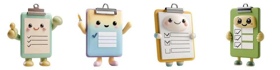 cute cartoon and clipart concept. Four cartoon character clipboards with expressive faces and various colors, showcasing unique emotions.