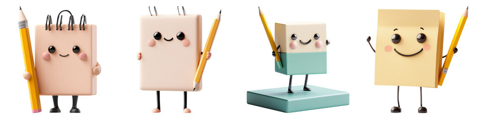 cute cartoon and clipart concept. Four playful cartoon notepads holding pencils with cheerful expressions.
