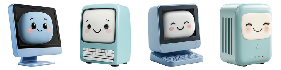 cute cartoon and clipart concept. Cute cartoon computers with smiling faces in pastel colors.