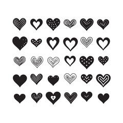 black silhouette Vector hand-drawn childlike doodle heart icon set. Black stroke on white background.