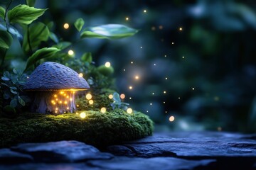 Märchenhafte Pilzhäuser mit leuchtenden Details in einem magischen nächtlichen Wald