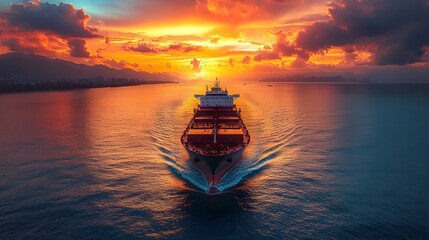 Freight carrier on calm waters with vivid holographic visuals of supply chain pathways, 8K high quality realistic images,