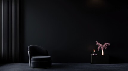 A black room with a black chair and a vase of flowers