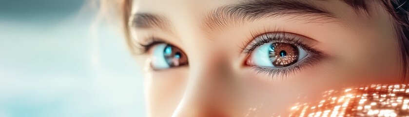 Obraz premium Eyes reflecting a digital world, a visual representation of encrypted data streams glowing with security and protection measures, showing technology's integration with the human experience