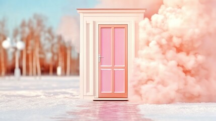 Pink Door in a Cloud A Conceptual Representation of Digital Access and Multi-Factor Authentication, illustrating the complexity of cybersecurity threats and authentication protocols in a high-tech
