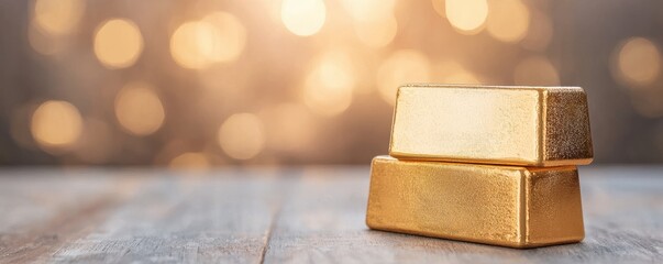 Two gleaming gold bars rest on a wooden surface, illuminated by a soft, warm glow in the background, creating a luxurious and inviting atmosphere.