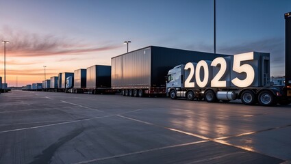 A fleet of trucks lined up at dusk, featuring illuminated numbers "2025," symbolizing forward-thinking and future logistics.