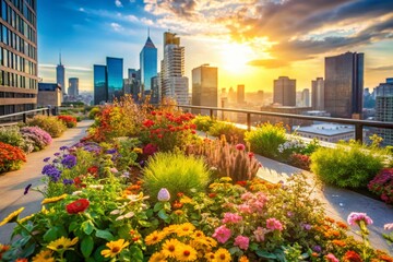 Rooftop Garden Urban Oasis Vibrant Flowers Plants Cityscape Building Green