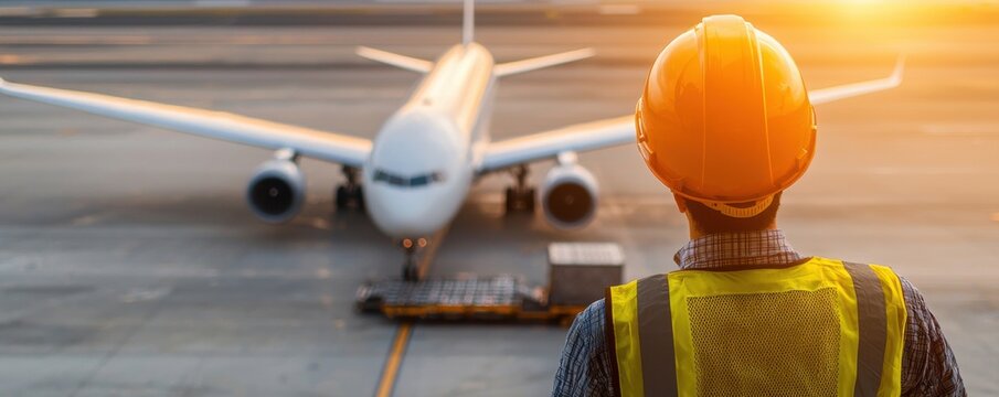 A construction worker in a hard hat oversees an airplane on the runway during sunset, highlighting the aviation and safety industry.