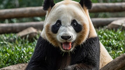 Fototapeta premium A panda is sticking its tongue out at another panda