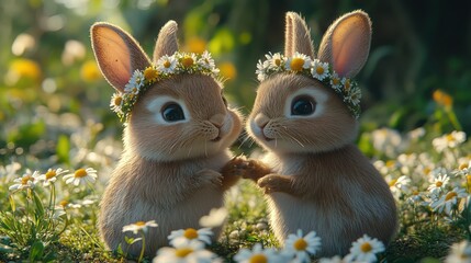 A bunny couple exchanging tiny flower crowns, with a field of blooming daisies in the background