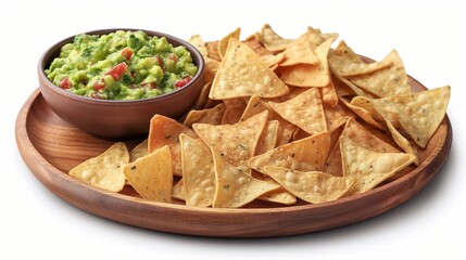 A bowl of creamy guacamole with crispy tortilla chips on a wooden platter isolated on white background