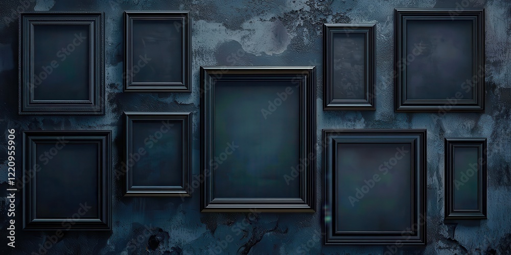 Poster wall with a row of black frames
