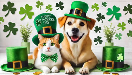 A dog and a cat sitting side by side, each wearing festive green hats with shamrock decorations.
