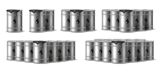Metal oil drums. Realistic isolated hazard black liquid containers, label with droplet, different compositions, tank in storage or warehouse, machine diesel or car gasoline, 3d vector set
